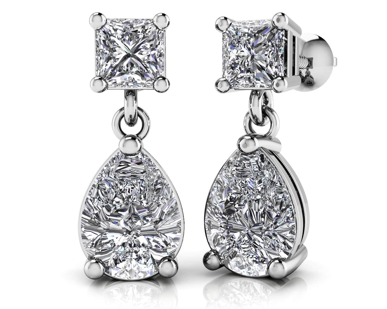 Princess Cut Diamond Teardrop Earrings Diamond with 1.53 ct.(finished) 7x5mm, 3.5mm